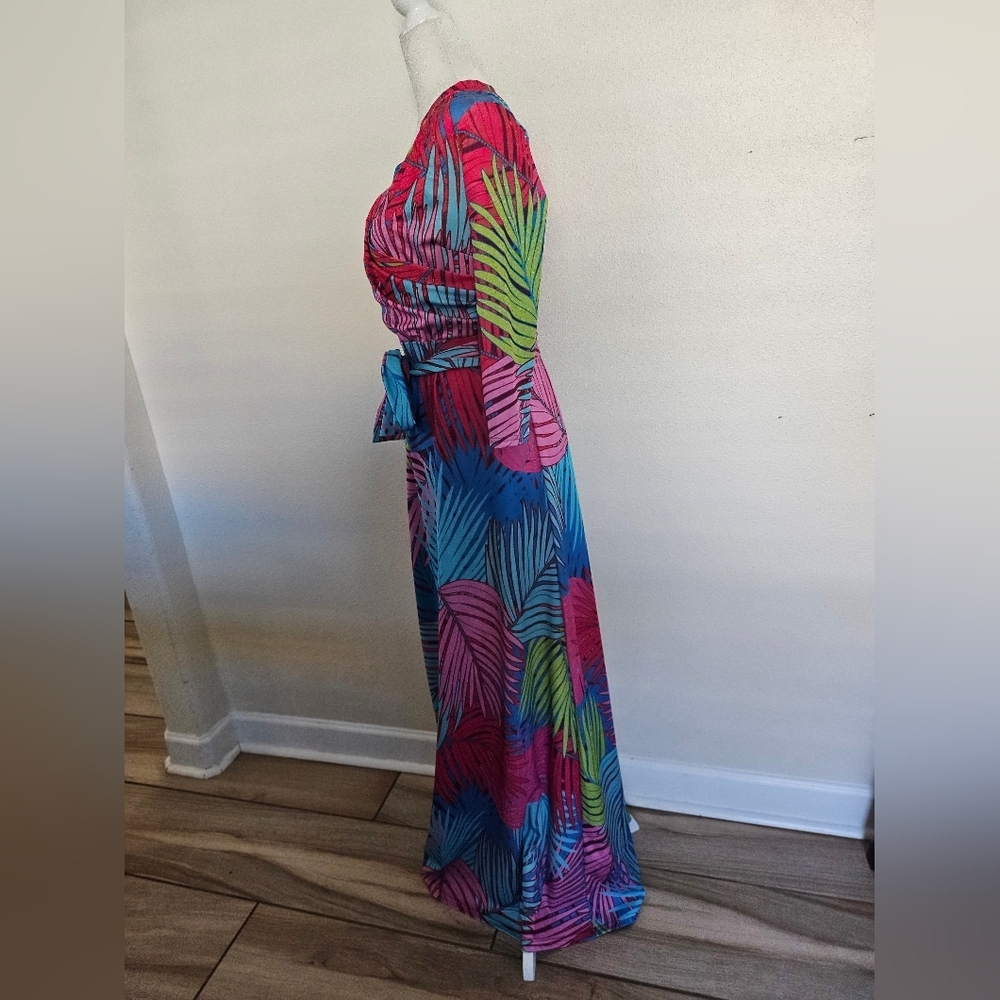 Tropical Women's Multicolor Palm Print Faux Wrap Maxi Dress Size M. - Picture 9 of 13